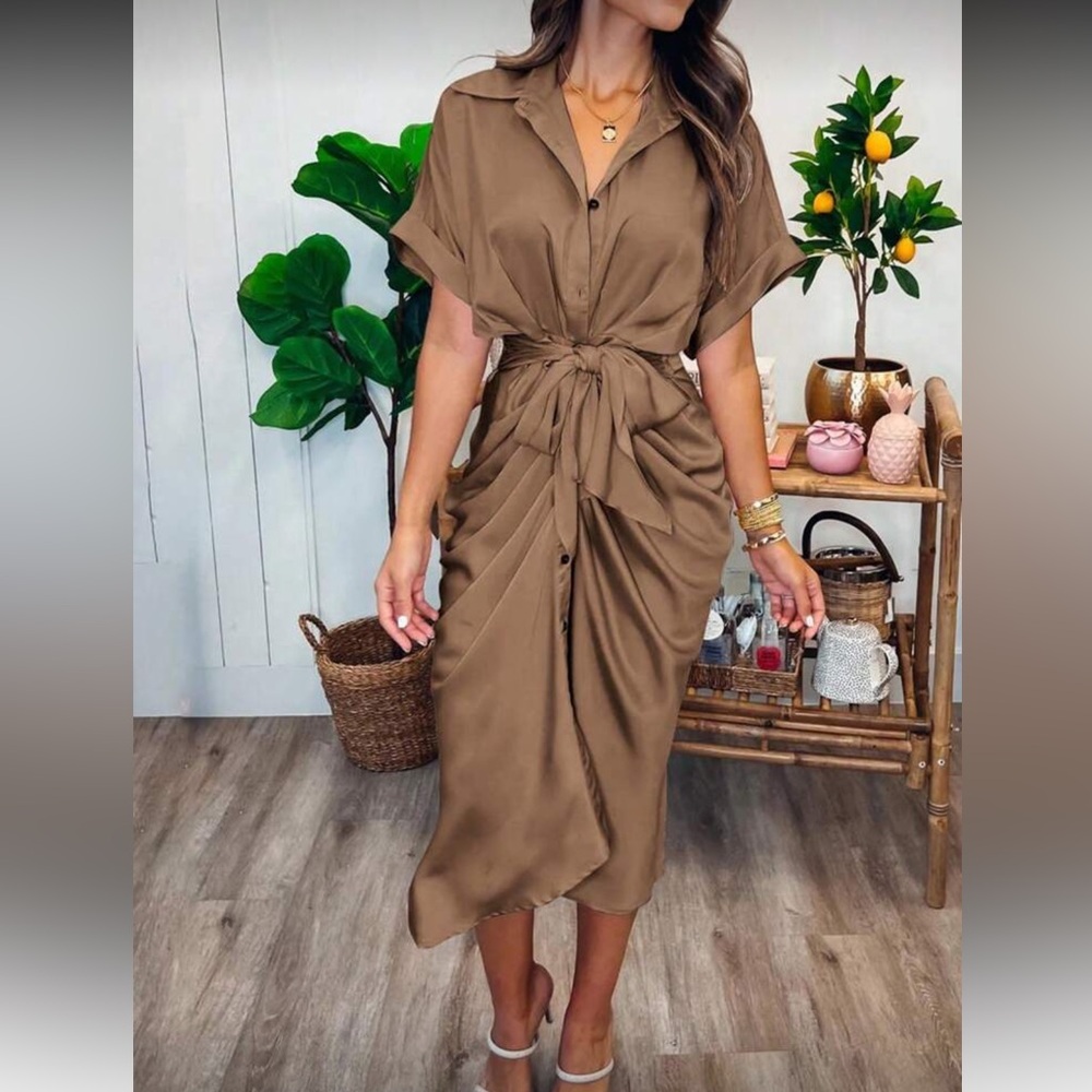 Elegant Brown Tie-Front Satin Dress - Picture 3 of 4